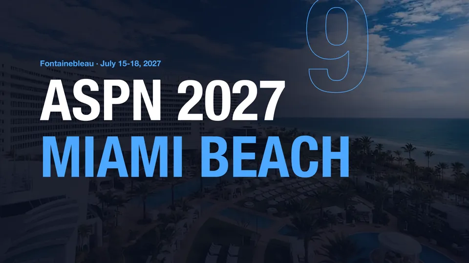 ASPN 2027 Miami Beach save-the-date artwork — Fontainebleau, July 15–18, 2027, the 9th Annual Meeting